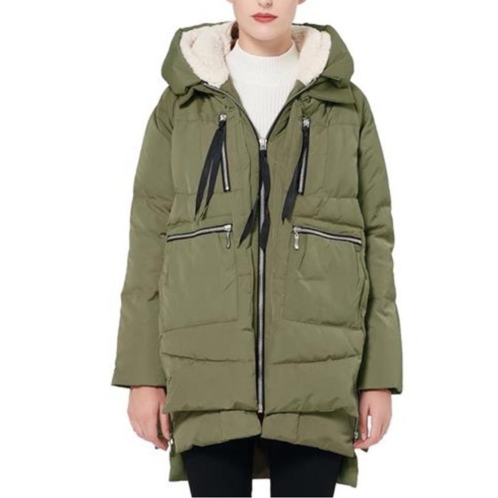 OROLAY Thickened Duck Down Feathers Green Zip Jacket Hooded Women's Medium